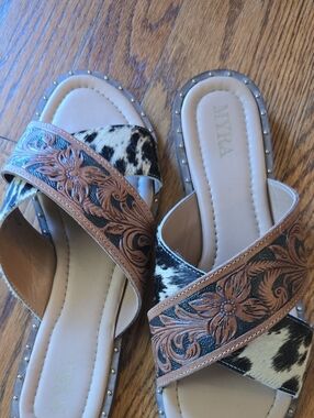 Myra Bag Brown Tooled Leather & Black-White Haircalf Slide Sandals